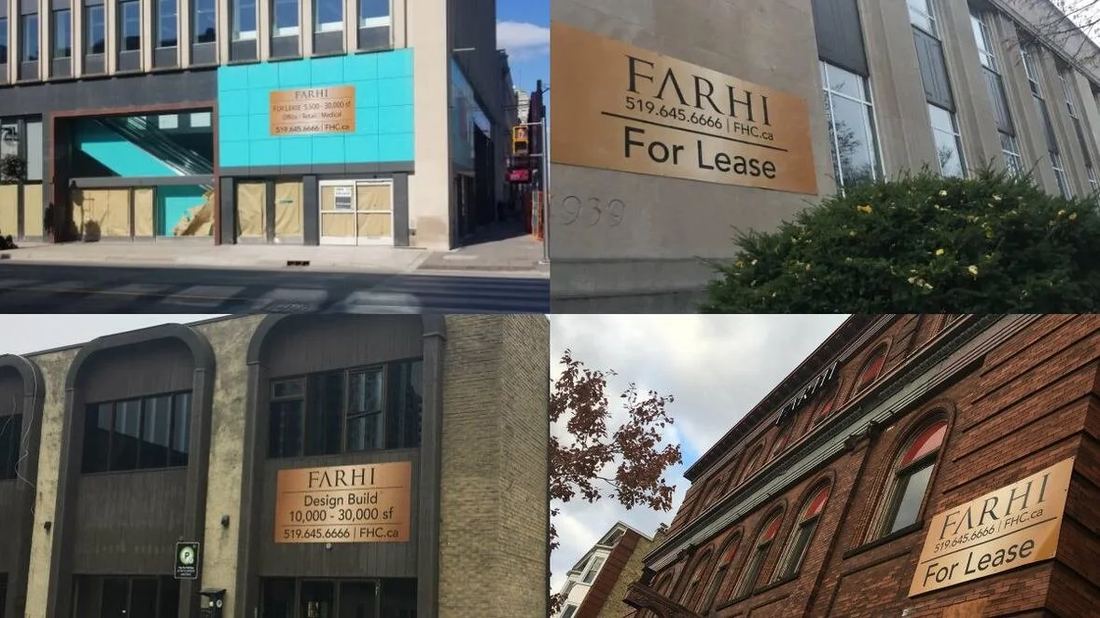 A vacant Farhi-managed storefront with a For Lease sign